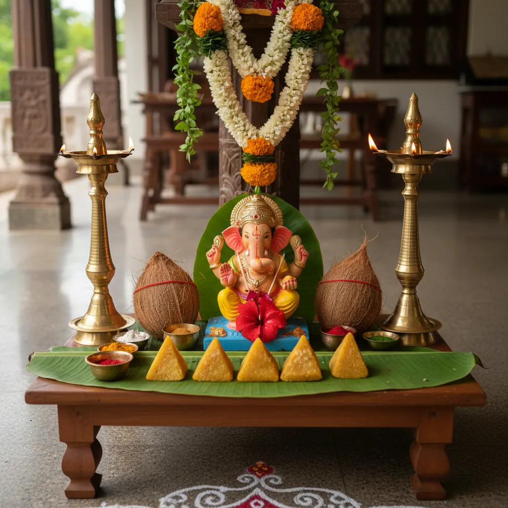 South Indian Ganesh pooja with modakam offerings and banana leaves