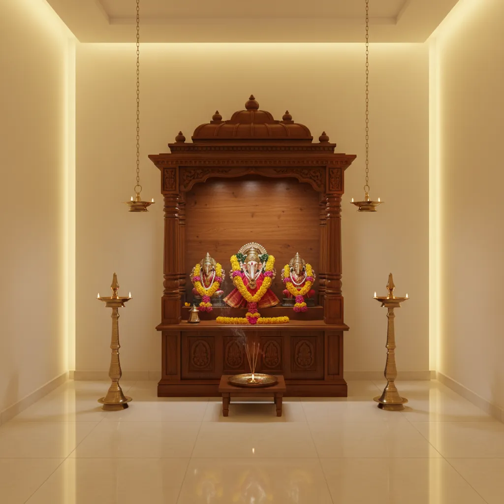 South Indian pooja room with ivory walls wooden mandir and brass lamps
