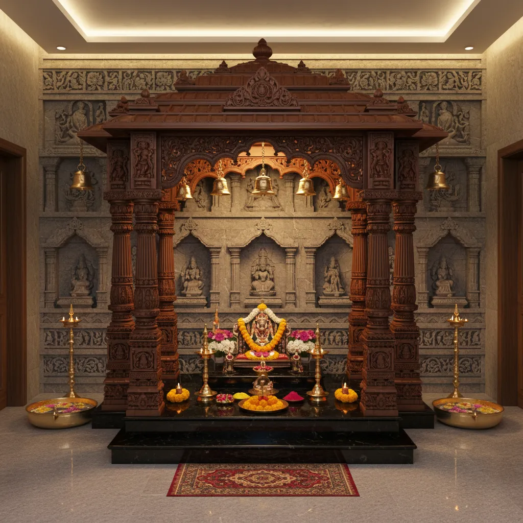 South Indian pooja room with carved wooden mandir and brass lamps