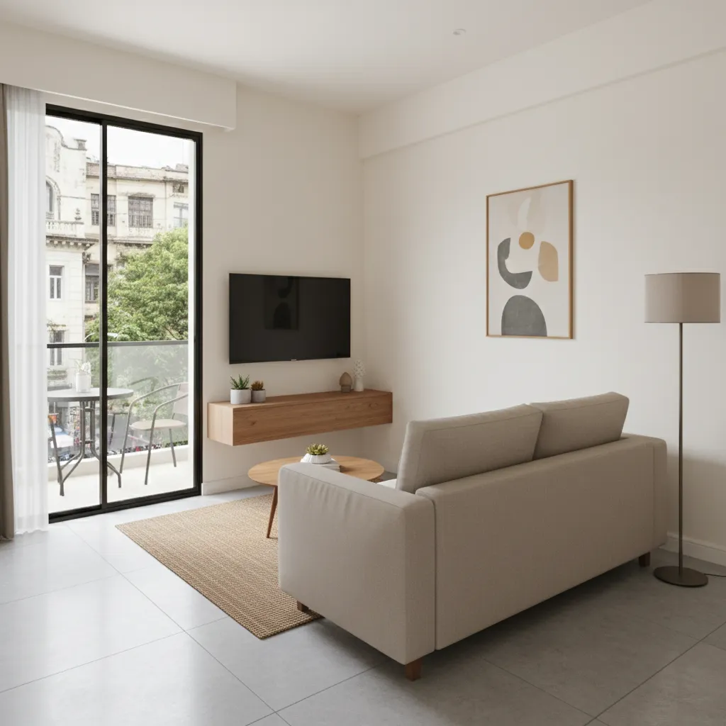 Compact living room layout inside a 2 BHK apartment in South Mumbai