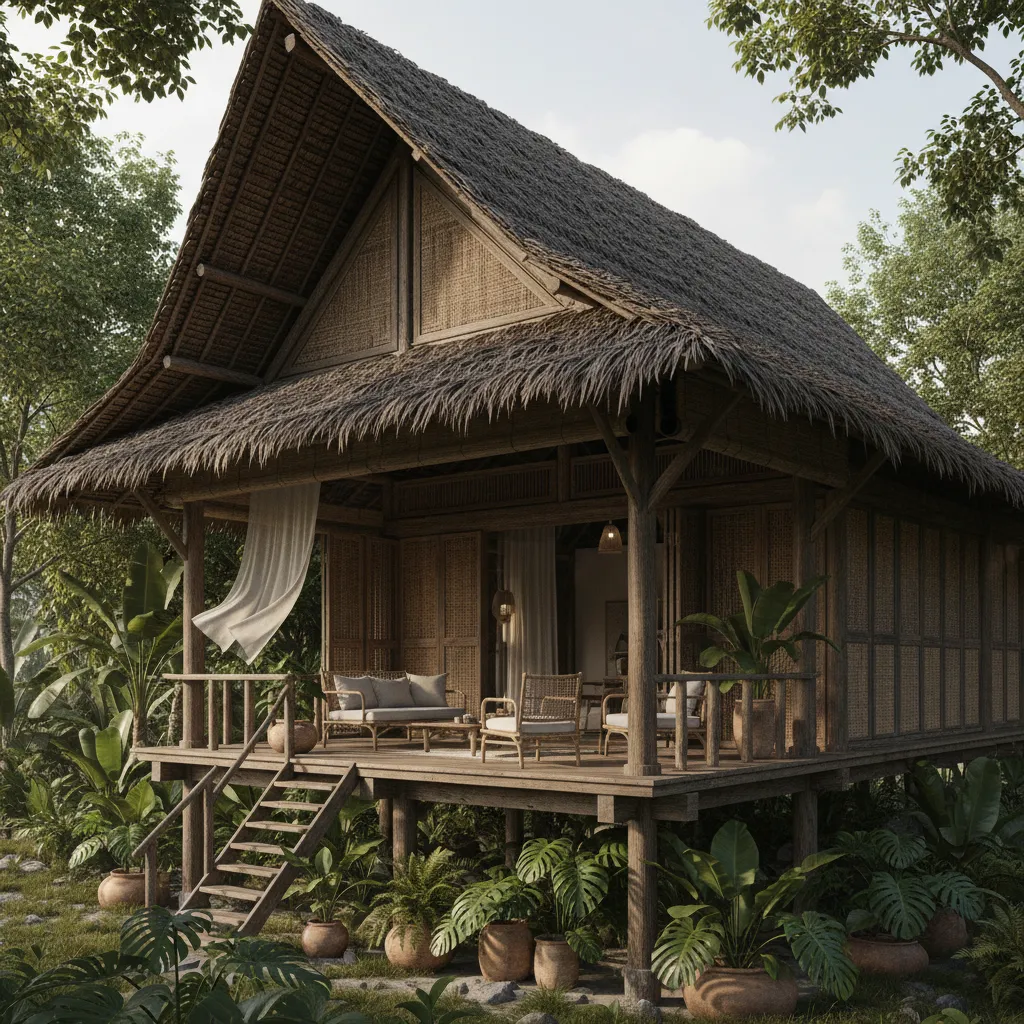 affordable tropical house in Southeast Asia with raised floor and bamboo structure