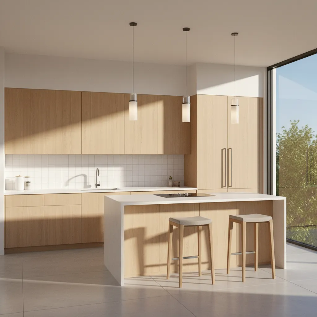 Southeast facing kitchen with morning sunlight illuminating countertop and cabinets