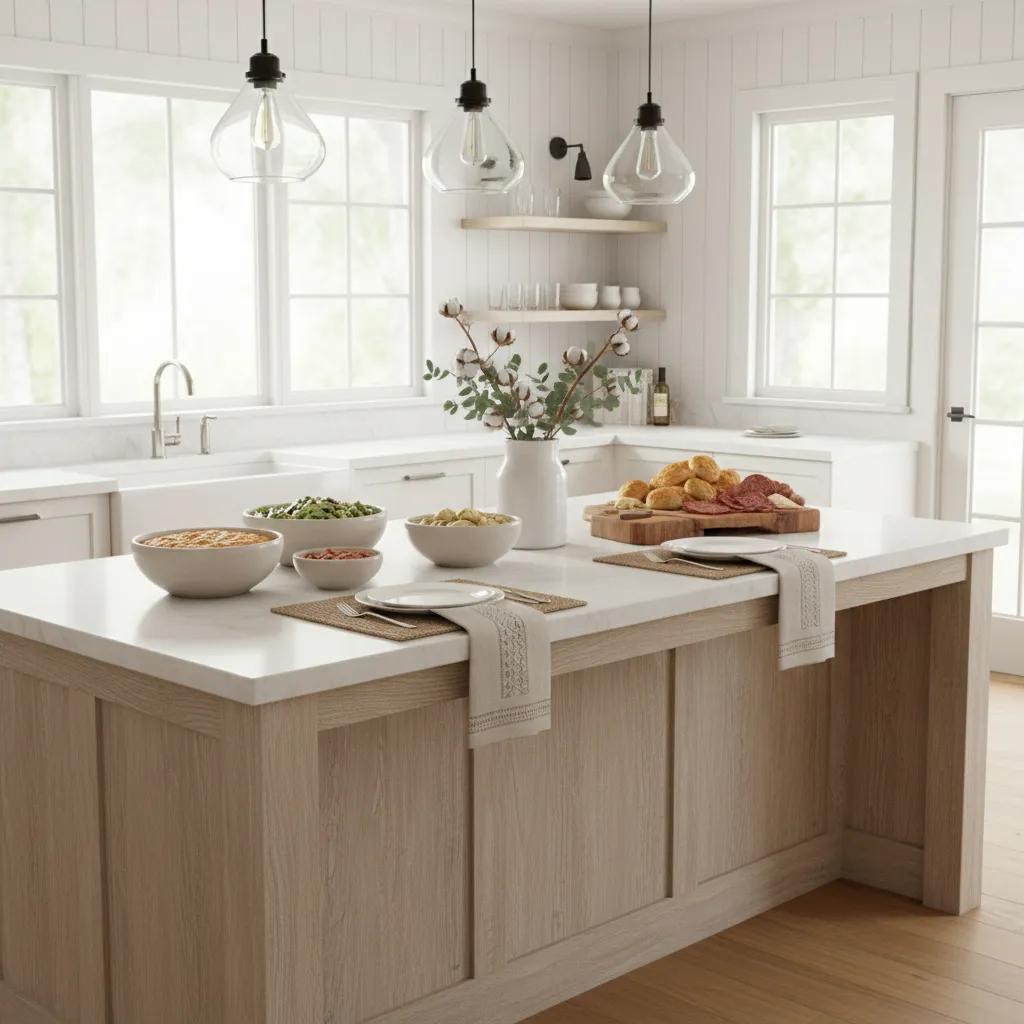 kitchen island styled with serving bowls trays and dining accessories