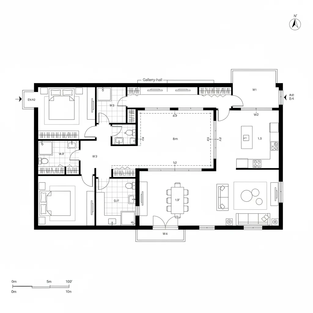 Floor plan showing two bedrooms two bathrooms kitchen dining area and a large living room