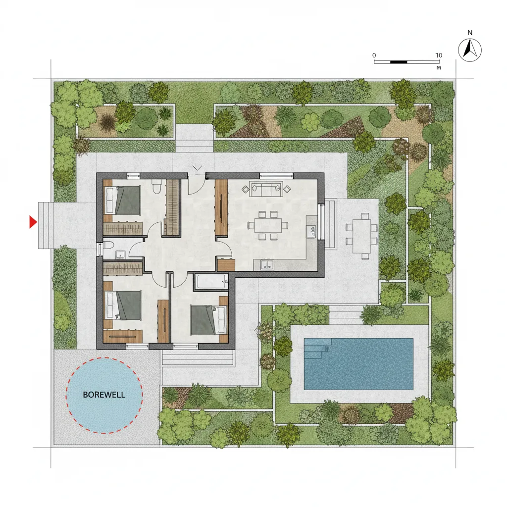 Top down house floor plan showing bedrooms living area garden swimming pool and water well