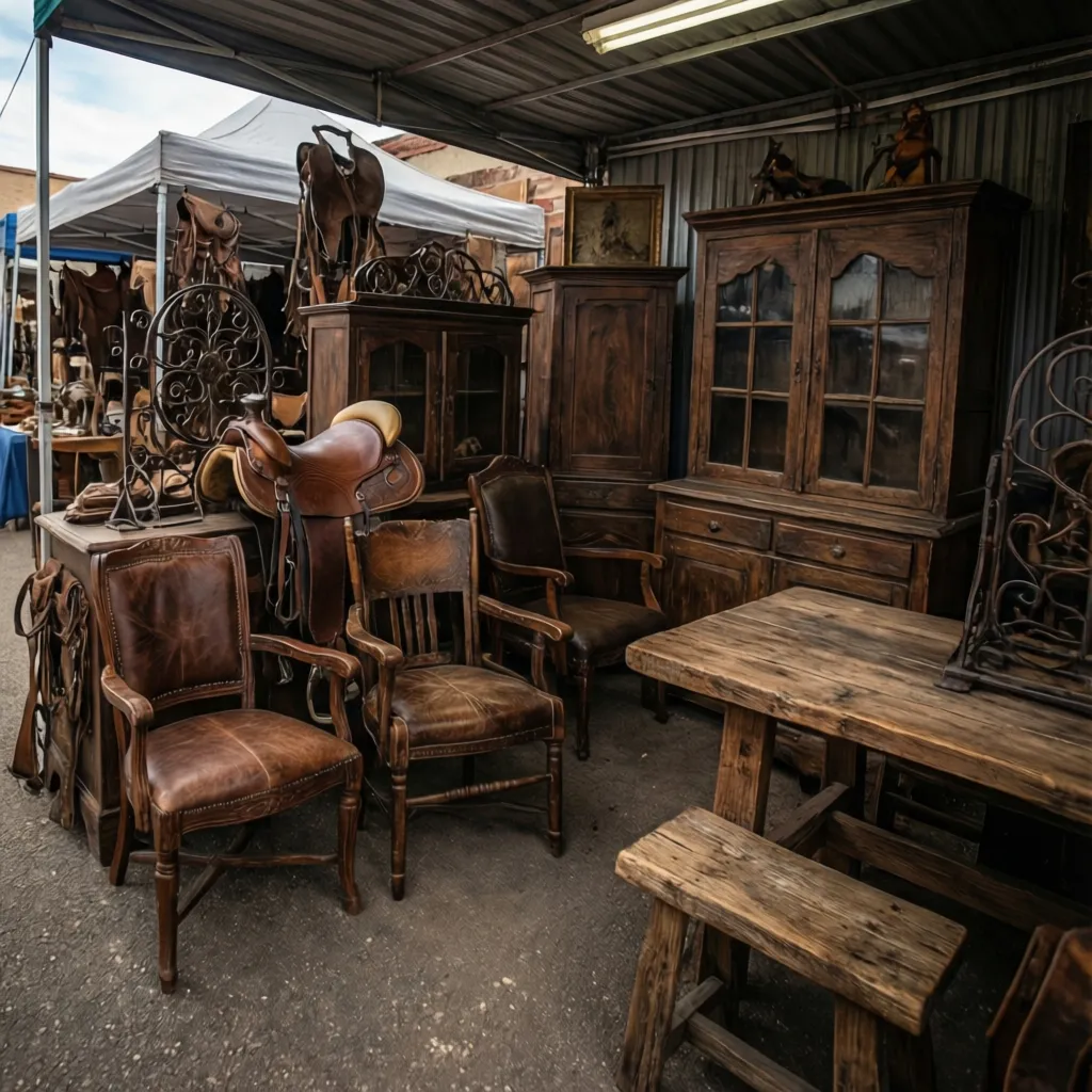 Southwestern antique market booth displaying vintage Western furniture and decor