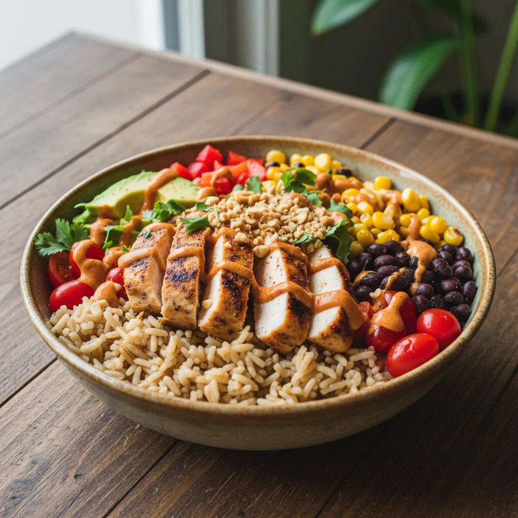 Southwestern rice bowl with grilled chicken vegetables and sauce similar to Coyote Kitchen menu