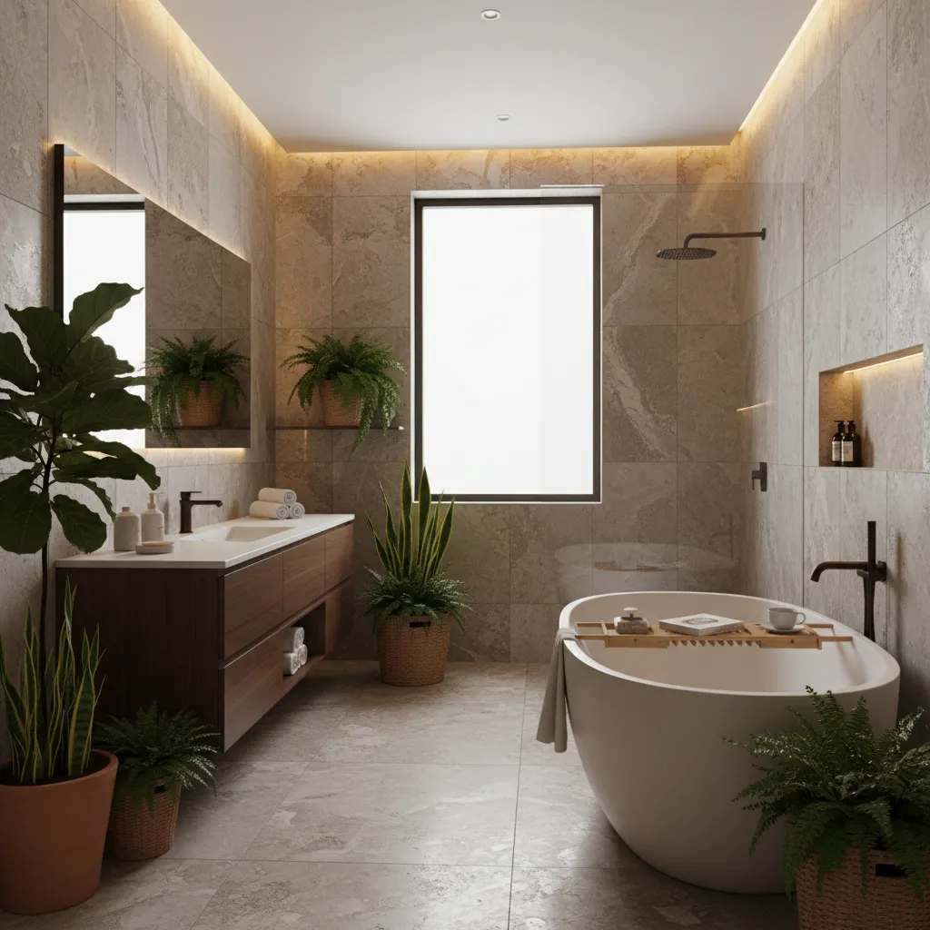 Baño con piedra natural, madera y plantas creando ambiente de spa