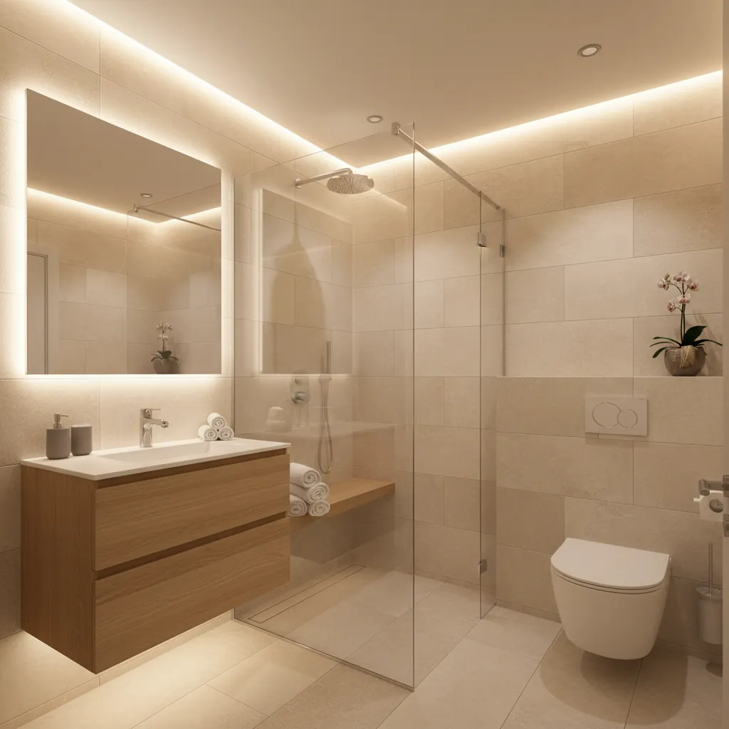 Baño pequeño con ducha walk-in y diseño minimalista estilo spa