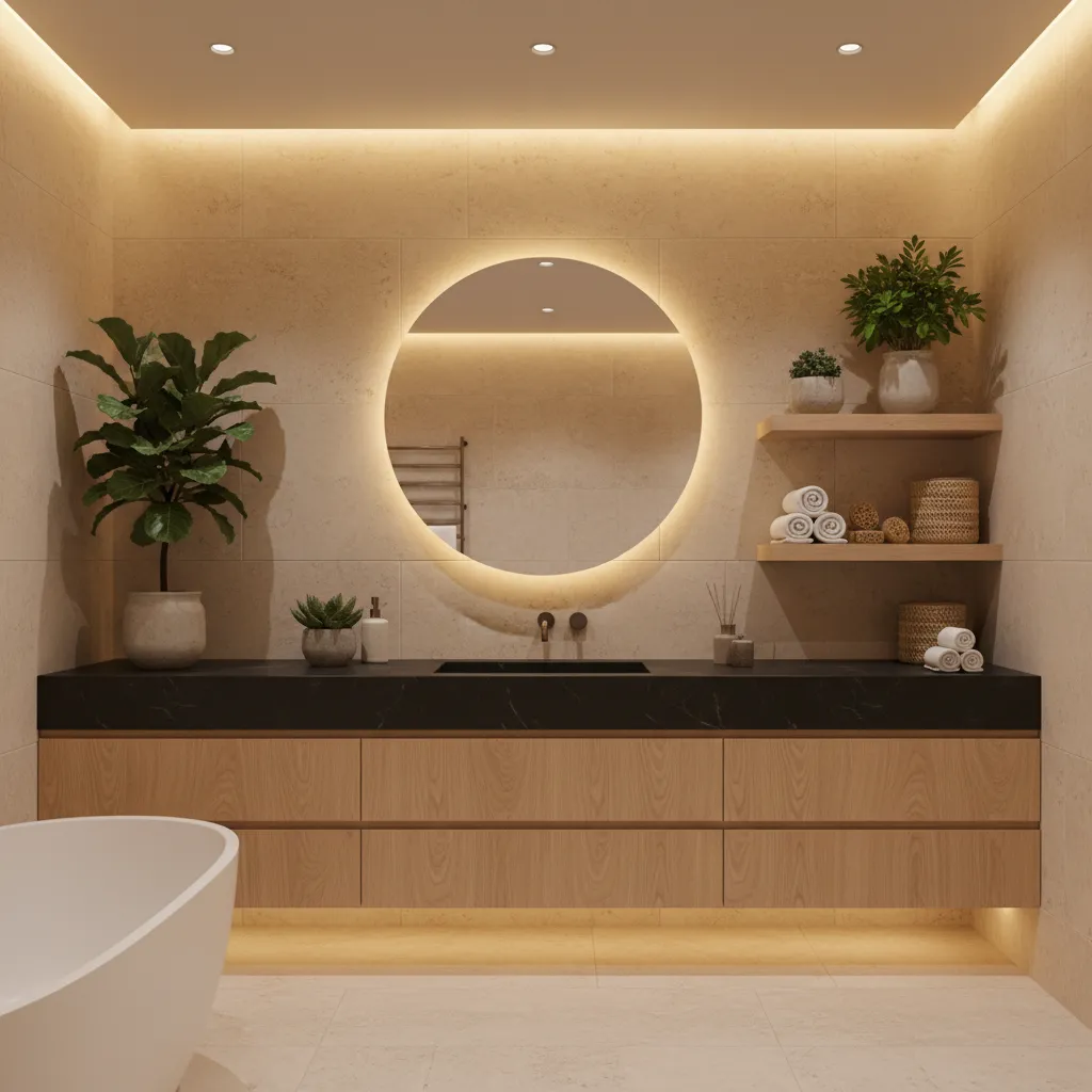 Luxury spa bathroom with black stone countertop and natural materials