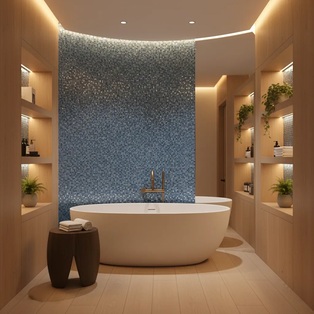 Spa-inspired bathroom with blue mosaic tile feature wall and freestanding tub