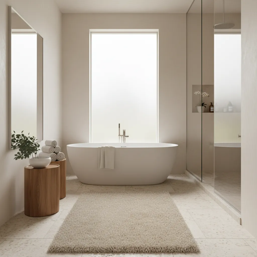 Spa style bathroom with cream bath rug wood stool and stone tiles