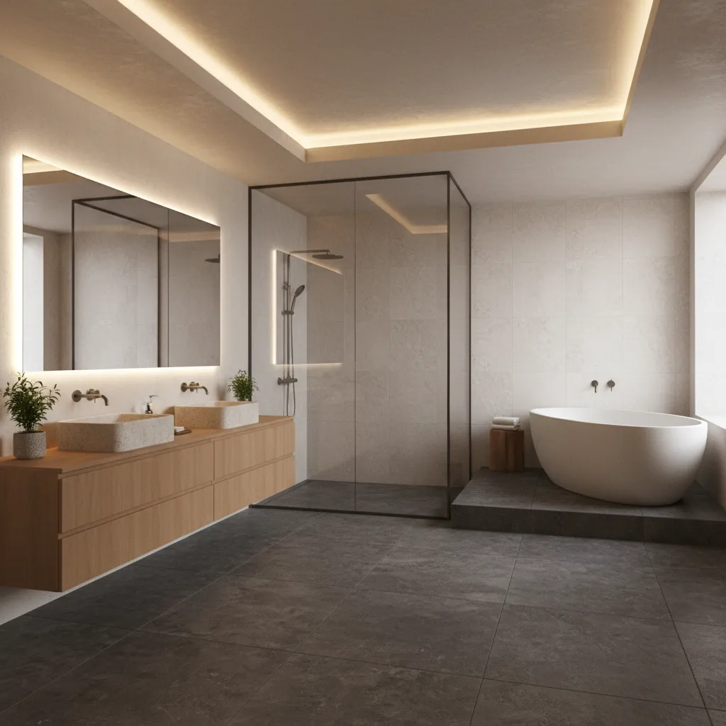 Luxury spa bathroom with dark grey stone floor, wood vanity, and soft lighting
