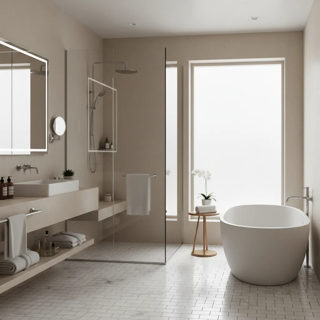 Luxury spa bathroom with white marble basket weave tile floor and minimal interior