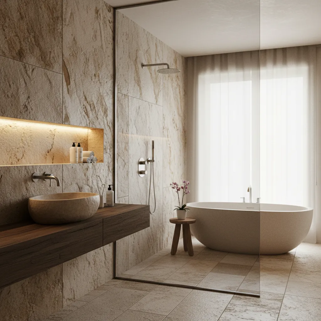 Spa bathroom shower with stone niche shelves and warm lighting