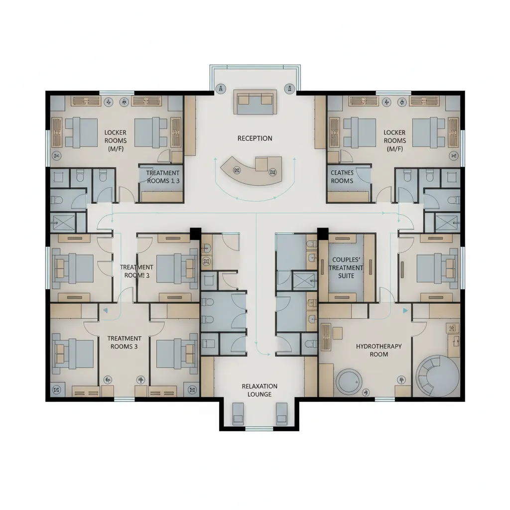 spa layout diagram showing client circulation paths between reception locker and treatment rooms