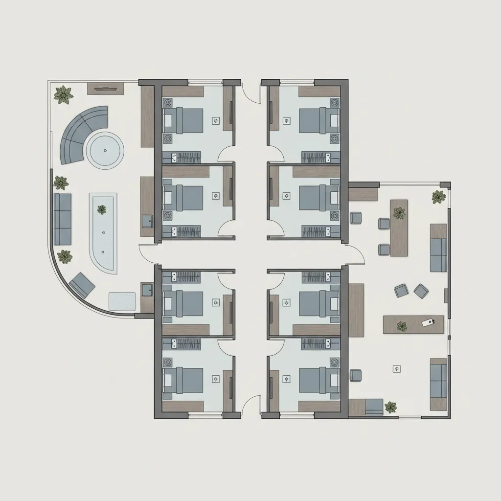 Simplified spa floor plan diagram showing efficient room placement and circulation
