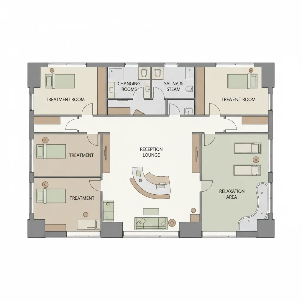 Spa floor plan diagram showing reception, relaxation and treatment zones