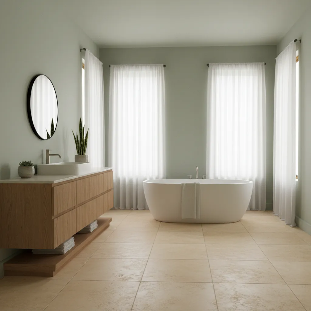 spa inspired bathroom with soft sage green walls and wood vanity
