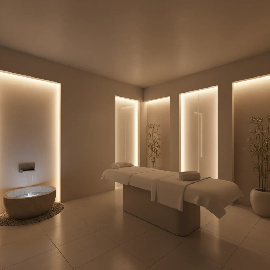 Iluminación indirecta cálida en cabina de tratamiento de spa