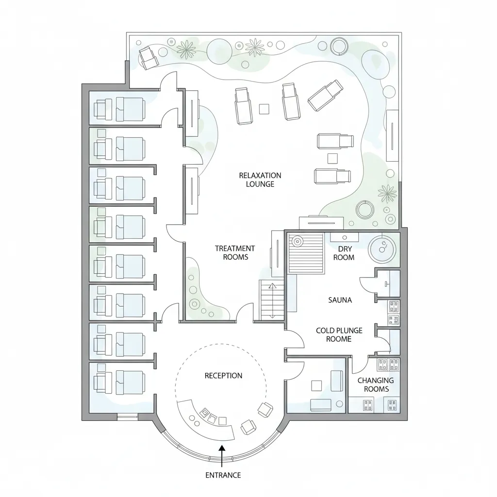 Plano de distribución de spa con zonas de recepción, cabinas y área húmeda