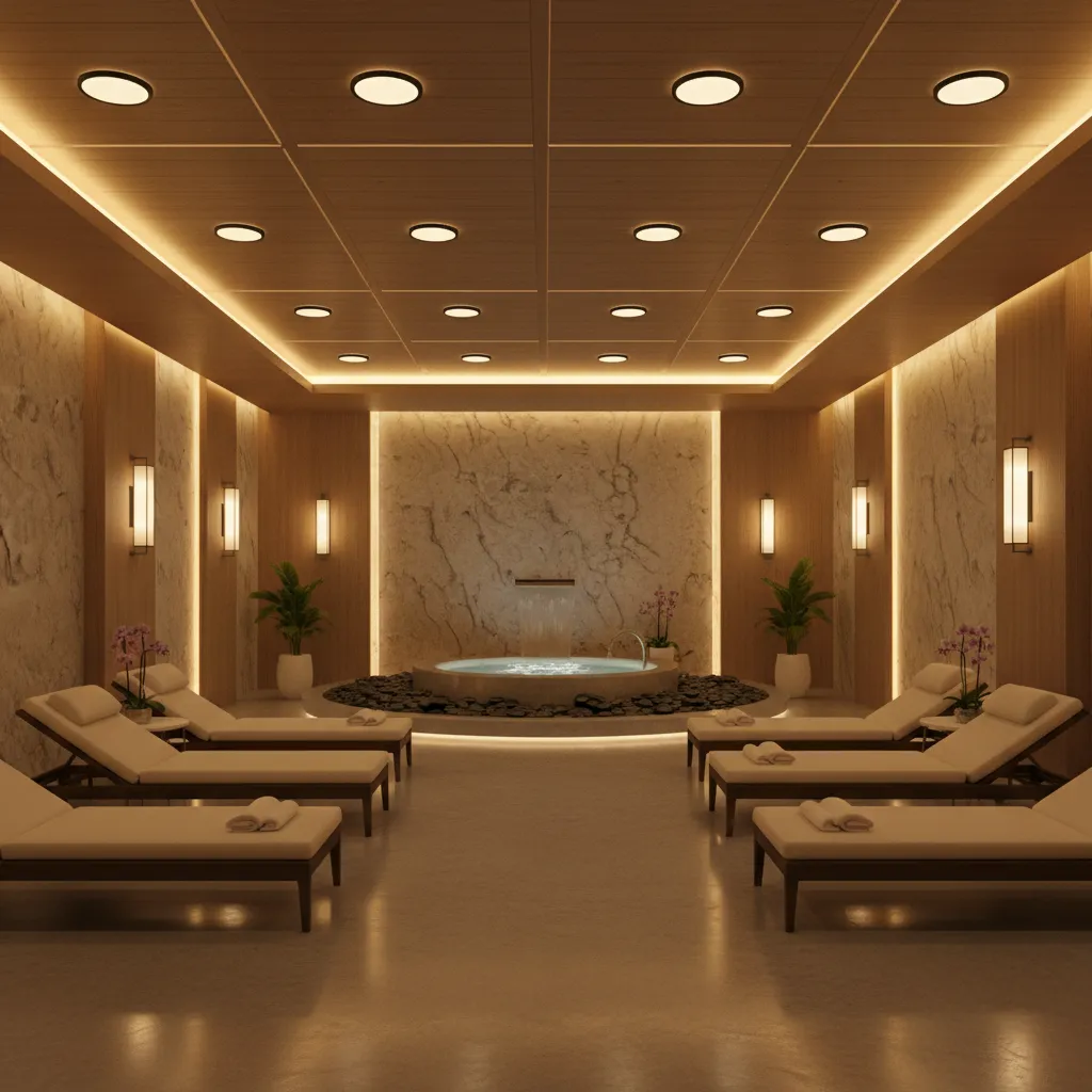 Bố trí ánh sáng spa với đèn trần và đèn tường