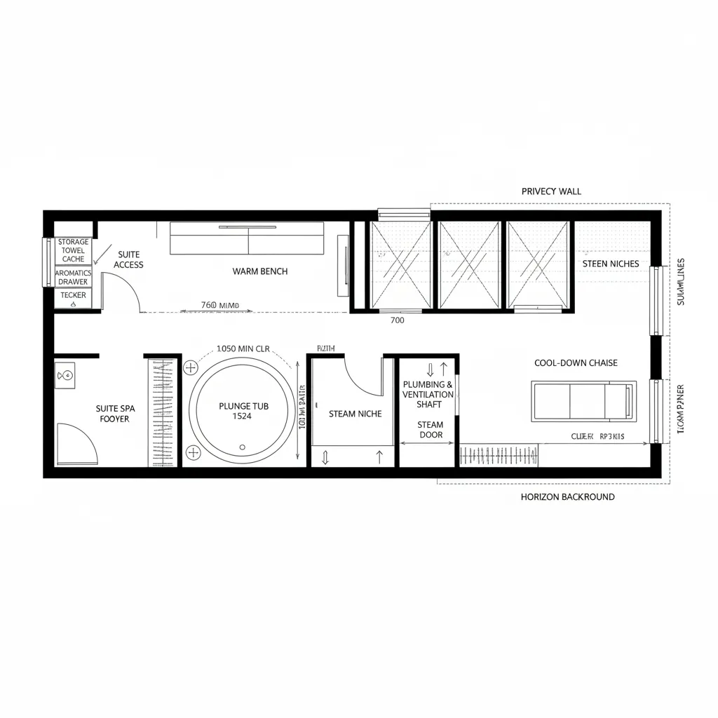 Interior design drawing of a long narrow spa suite featuring tub steam room and sofa