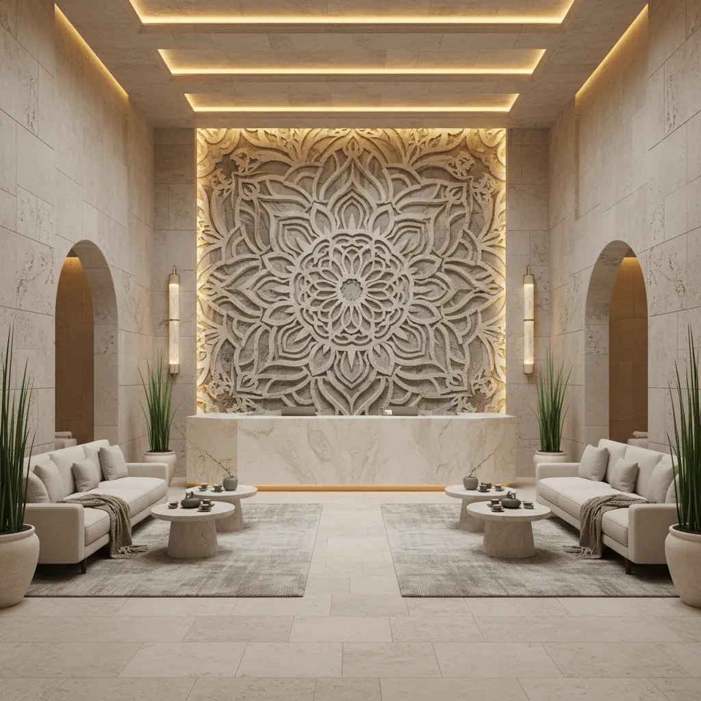 Spa reception area with elegant mandala wall art