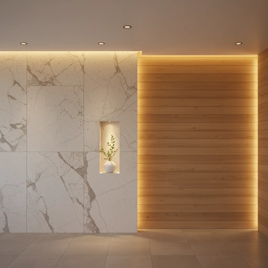 Materiales naturales como piedra y madera en un spa contemporáneo