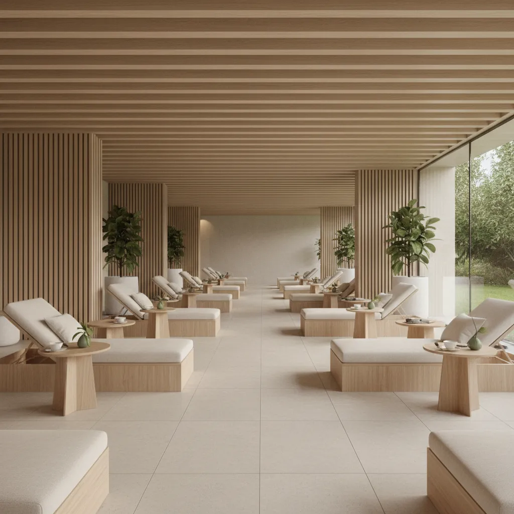 Open concept spa lounge with relaxation seating and minimal partitions