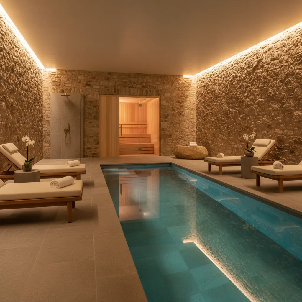 Indoor swimming pool with stone walls wooden lounge chairs and a sauna in the background