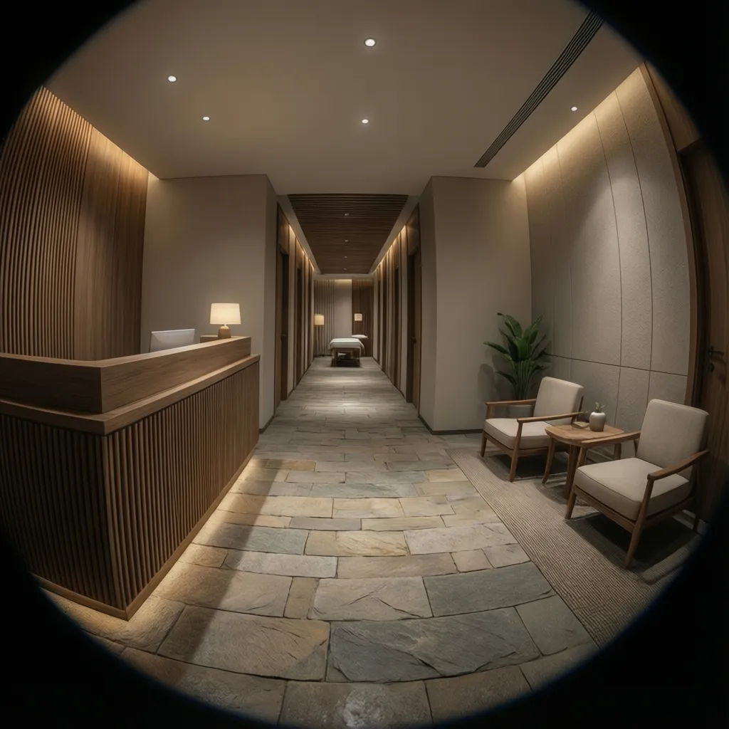 Spa reception area with clear pathway leading toward treatment rooms