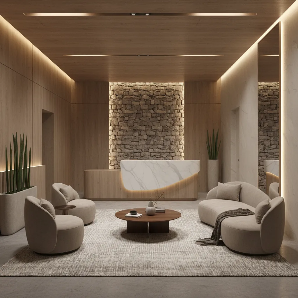 spa reception and waiting area layout with lounge seating and check-in desk
