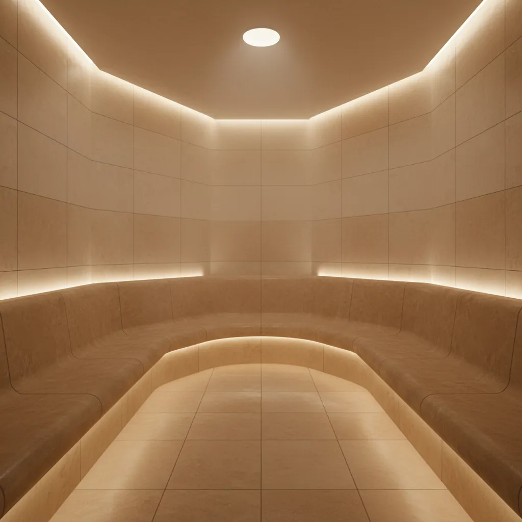 Professional spa steam room interior with tiled benches and soft steam