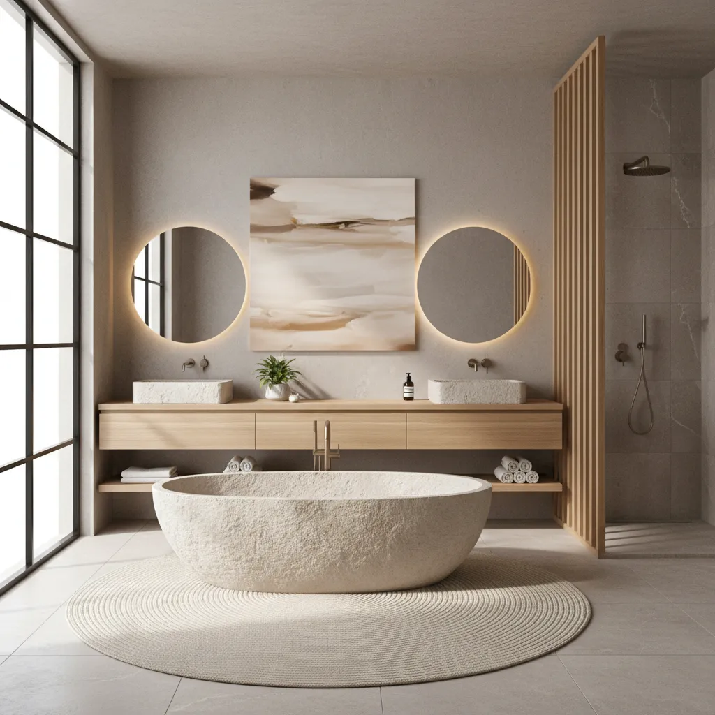 Spa inspired bathroom with calming abstract wall art above bathtub