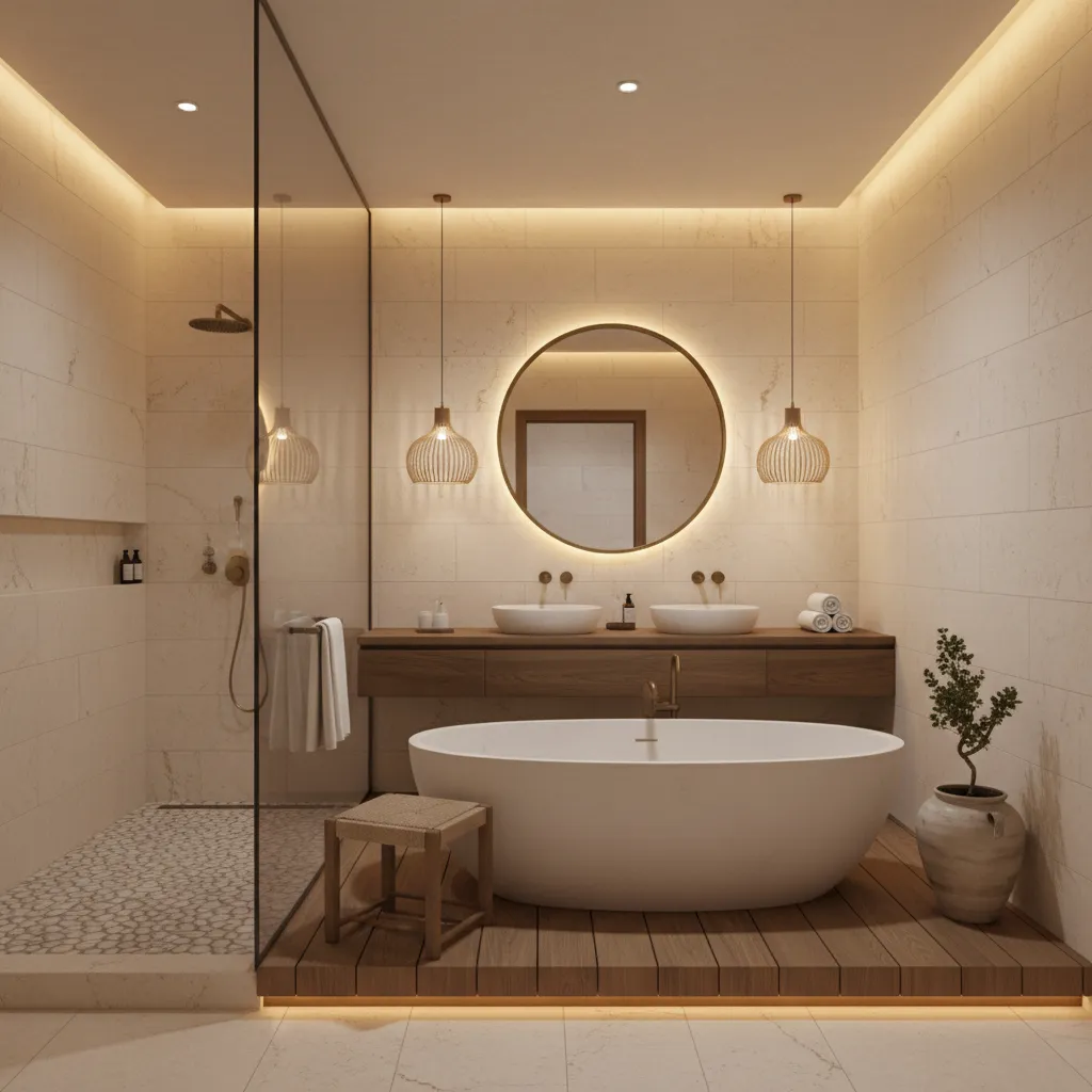 Spa inspired cream resort bathroom with stone walls and soaking tub
