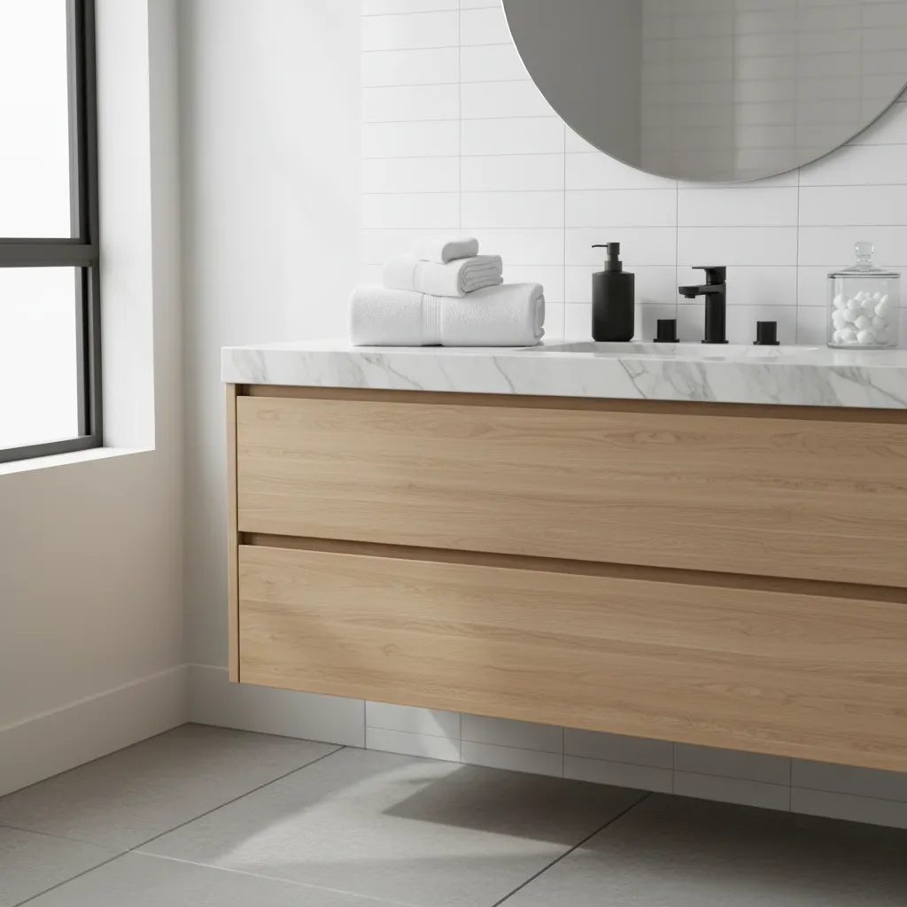 Stack of neatly folded white spa towels on modern bathroom counter