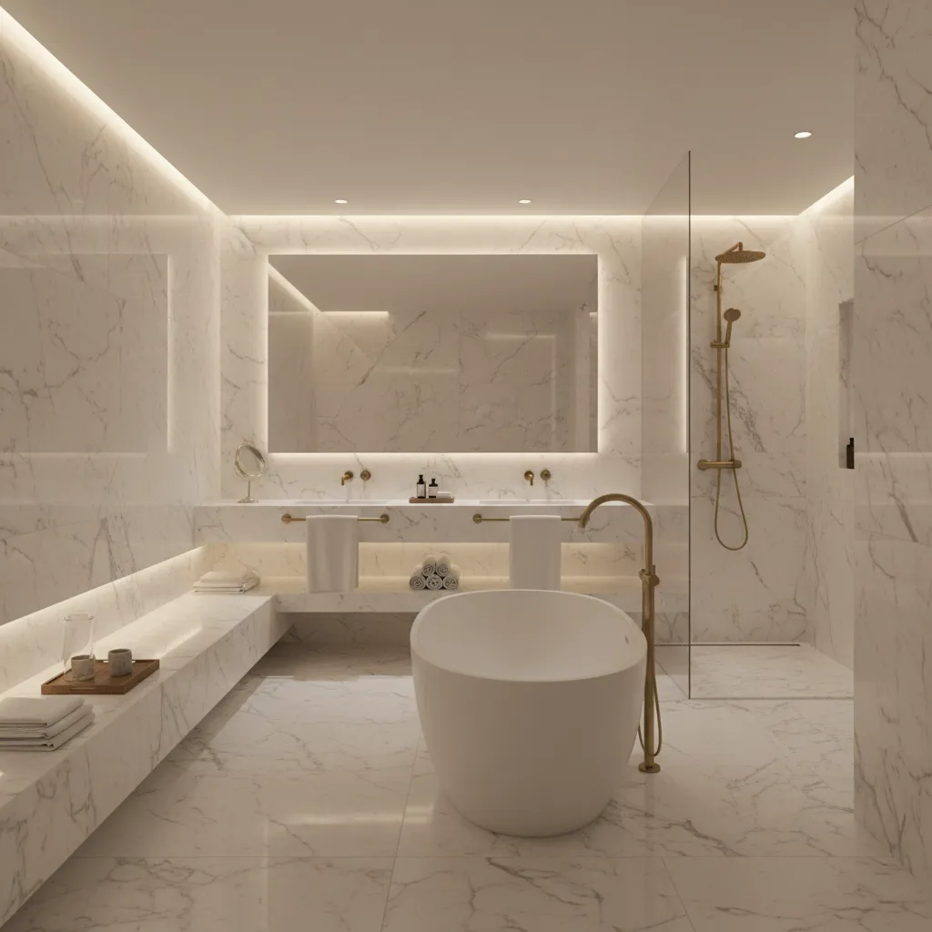 Spa style luxury bathroom with Carrera marble freestanding tub and warm lighting