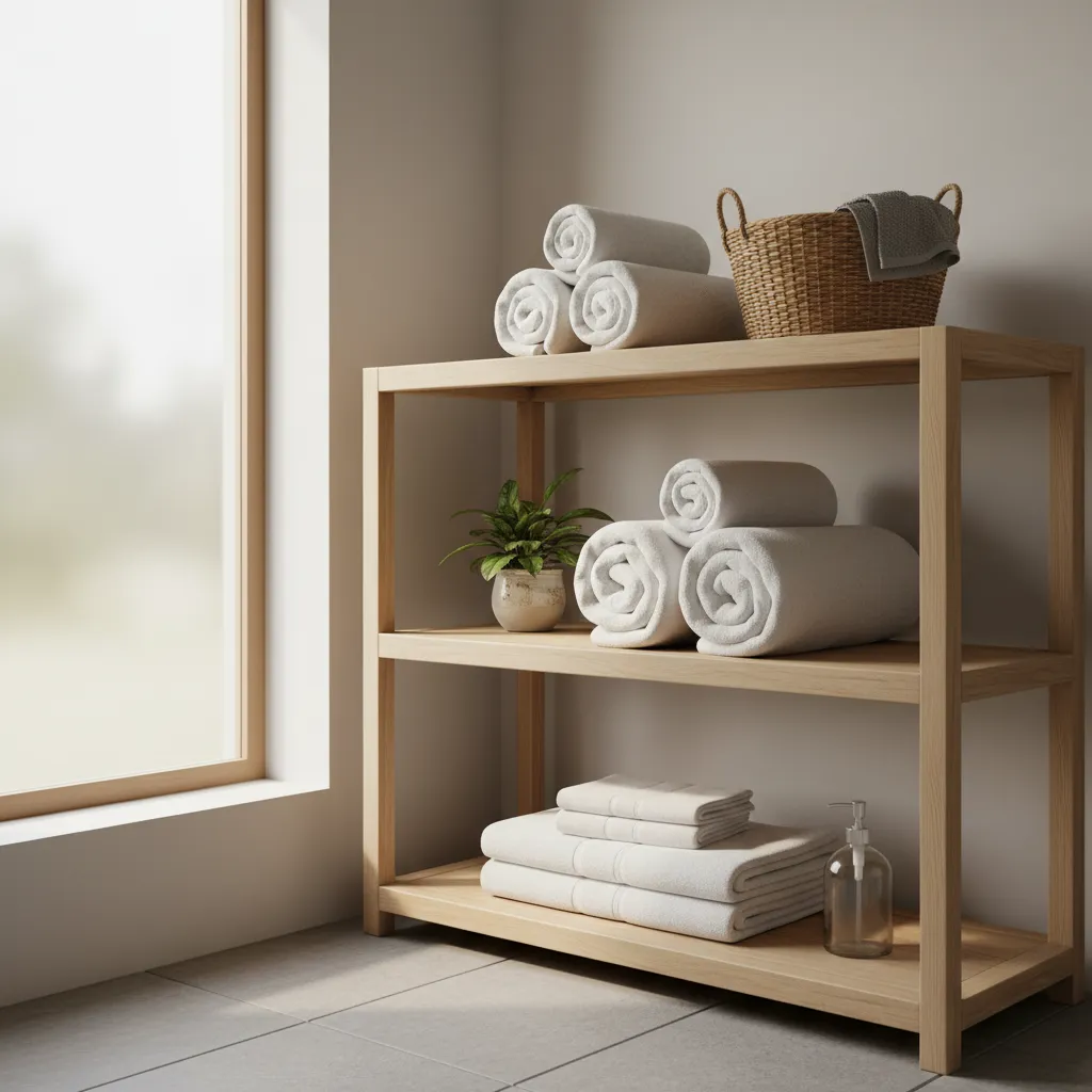 Rolled spa towels arranged neatly on a bathroom shelf