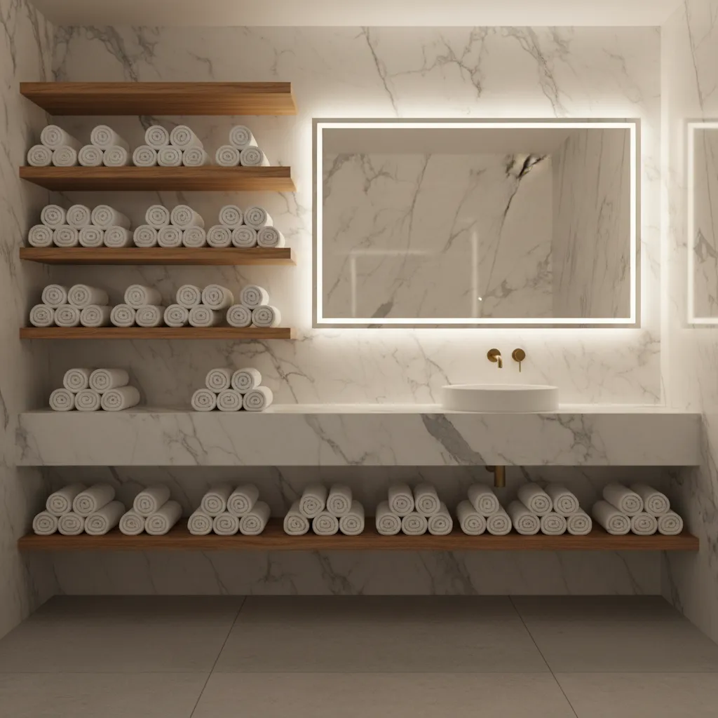 Rolled spa style towels arranged neatly on open bathroom shelves