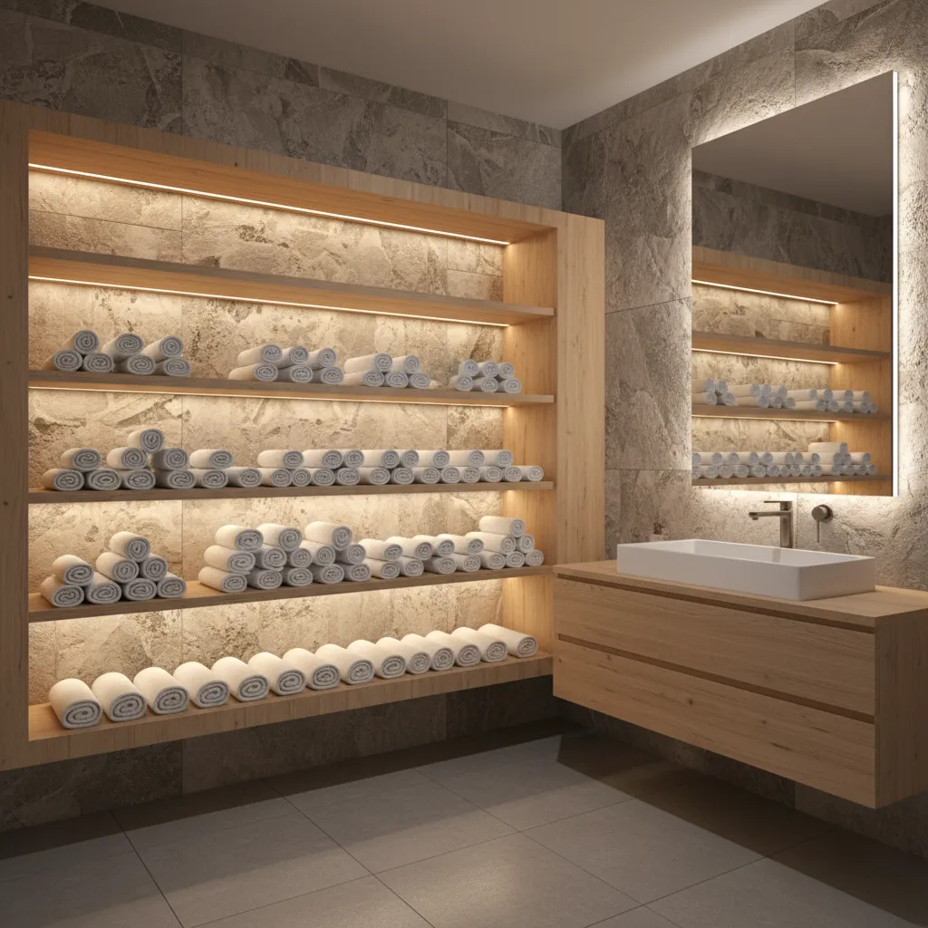 Rolled spa towels displayed neatly on bathroom shelf