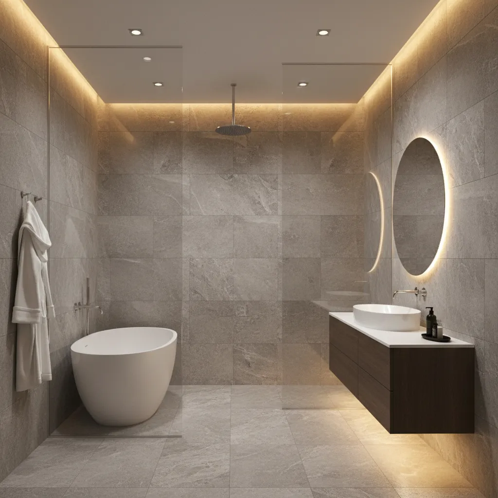 spa style wet room bathroom with tub and shower enclosure