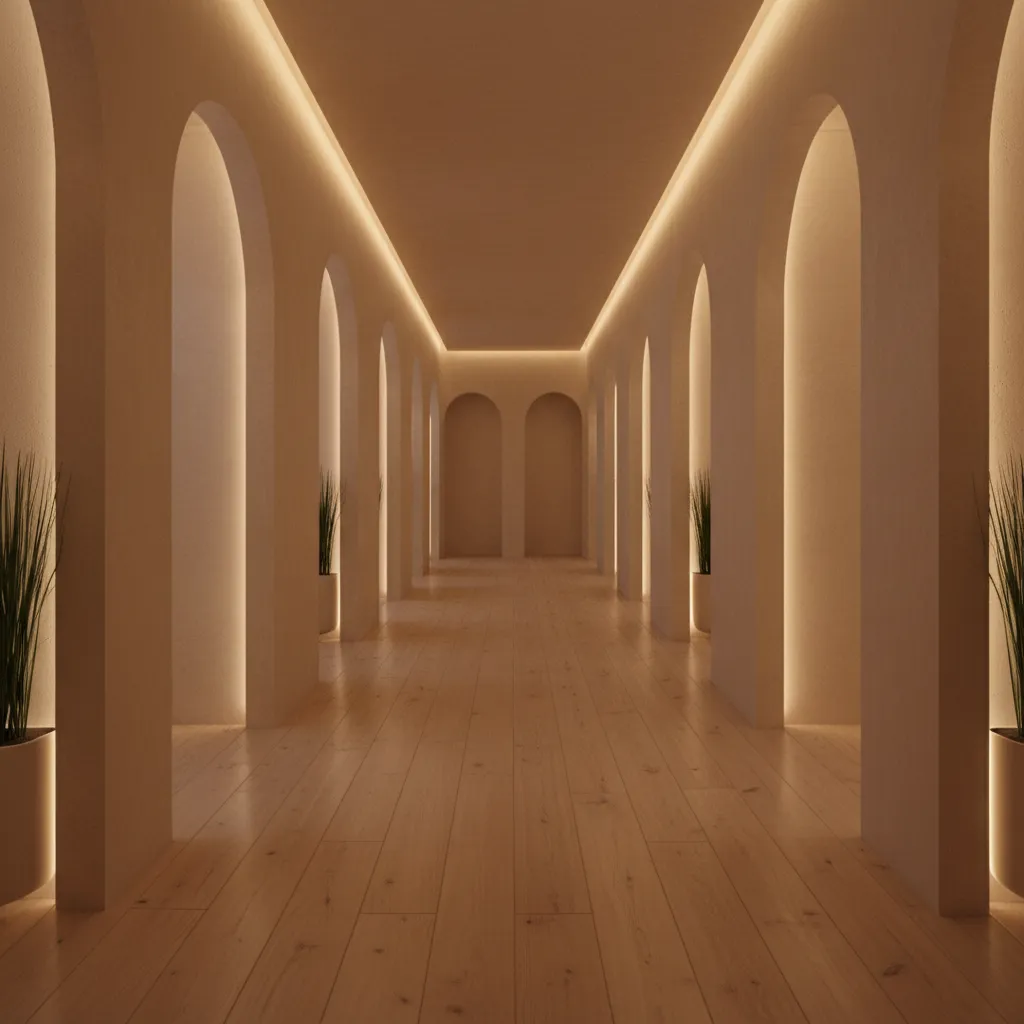 spa treatment room corridor layout with multiple massage rooms and soft lighting