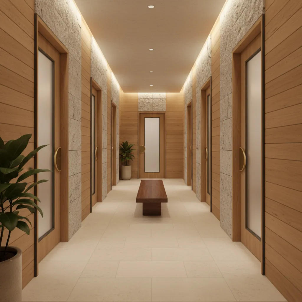 Corridor lined with spa treatment rooms designed for efficient workflow