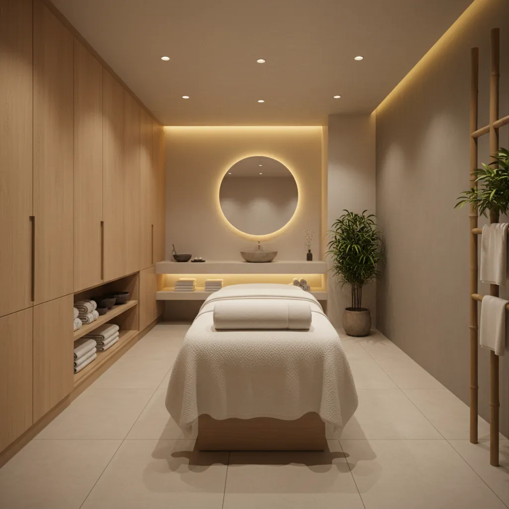 Spa treatment room with massage table and clearance space around it