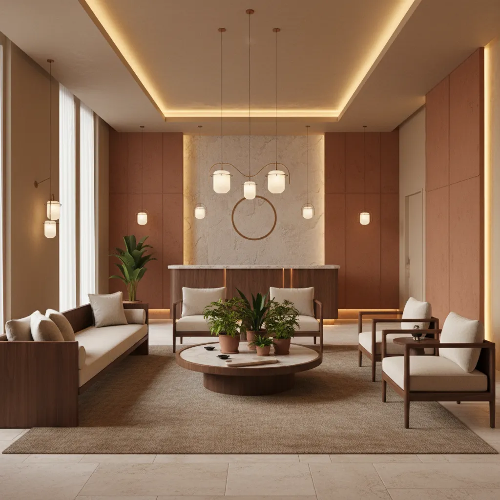 spa waiting room with warm beige terracotta tones and natural materials