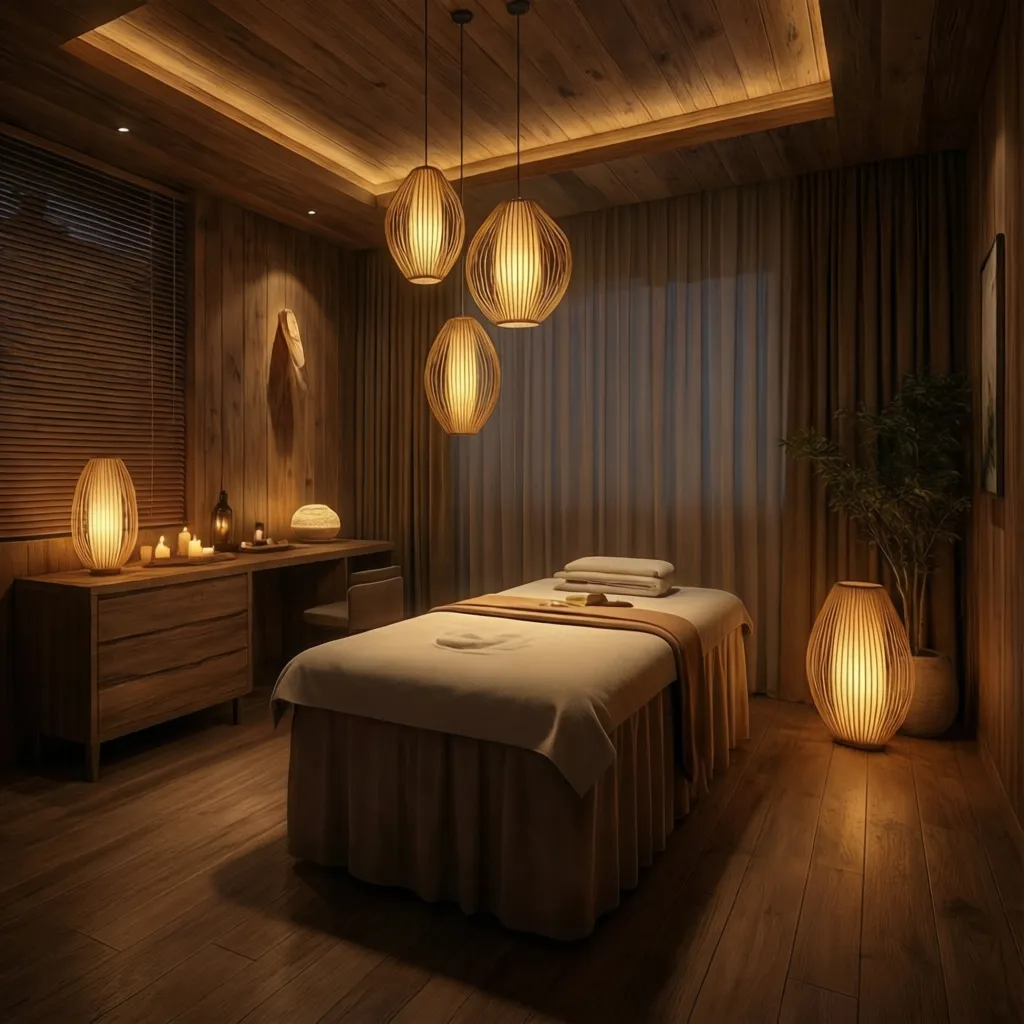 Không gian spa với ánh sáng vàng dịu và đèn trang trí treo
