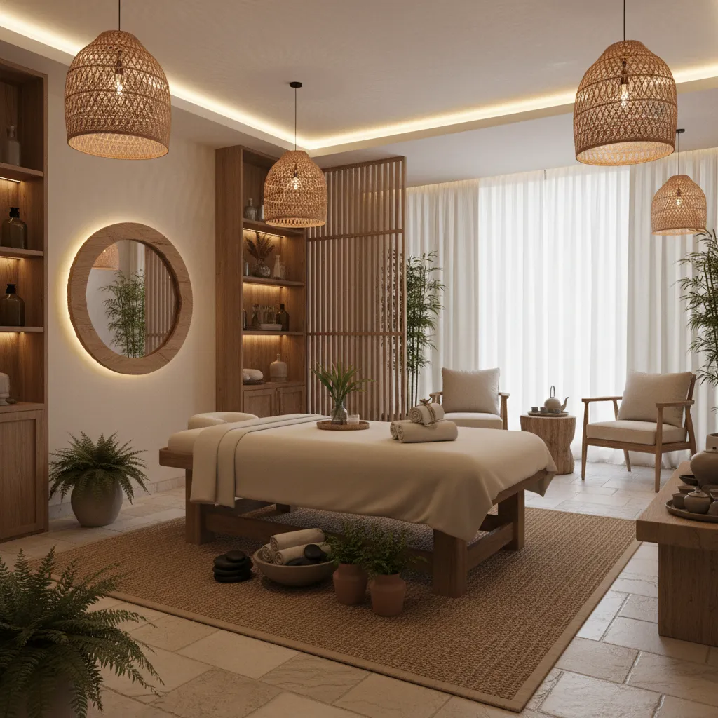 Không gian phòng spa với ánh sáng vàng dịu và đèn trang trí treo trần