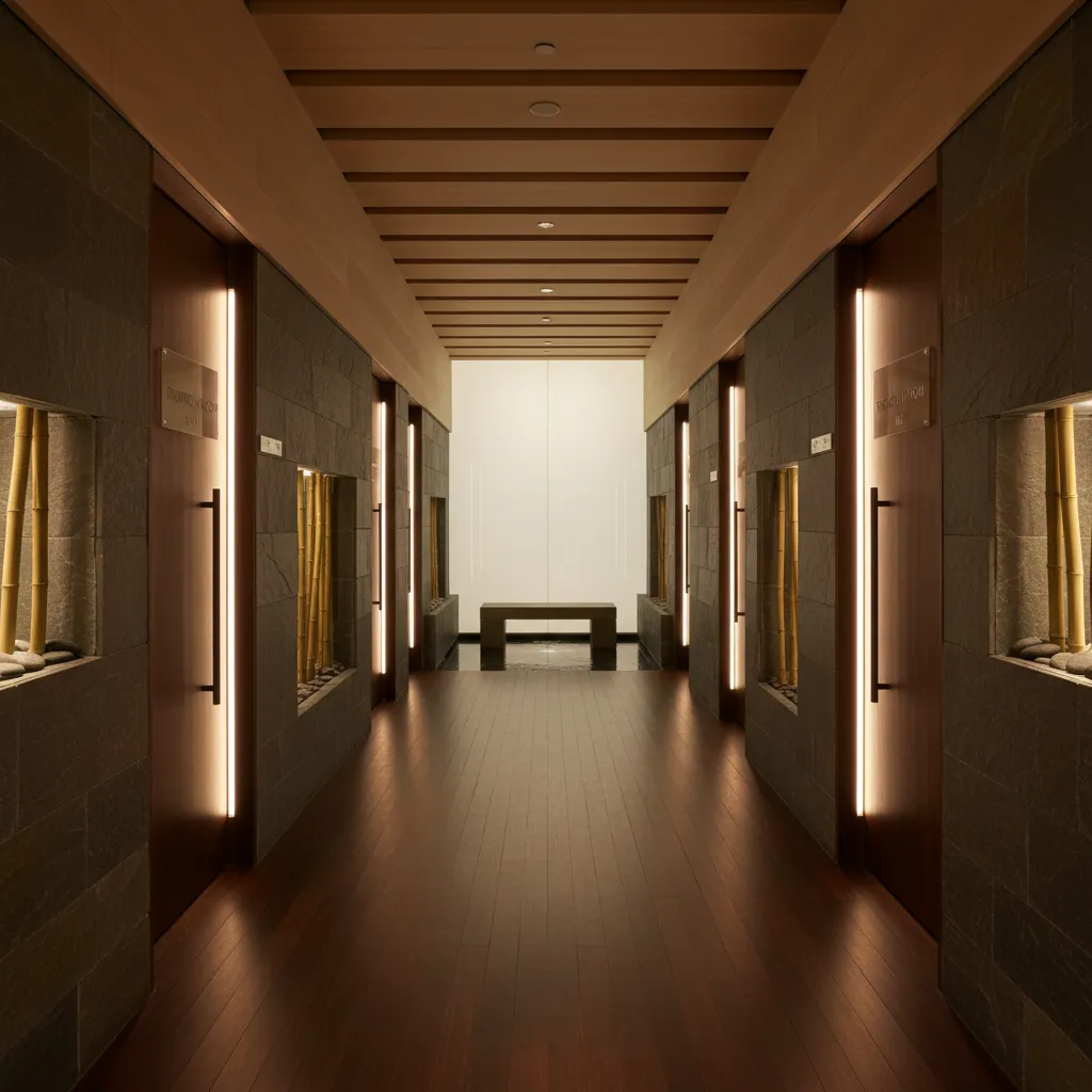Spa zoned layout with quiet treatment room corridor