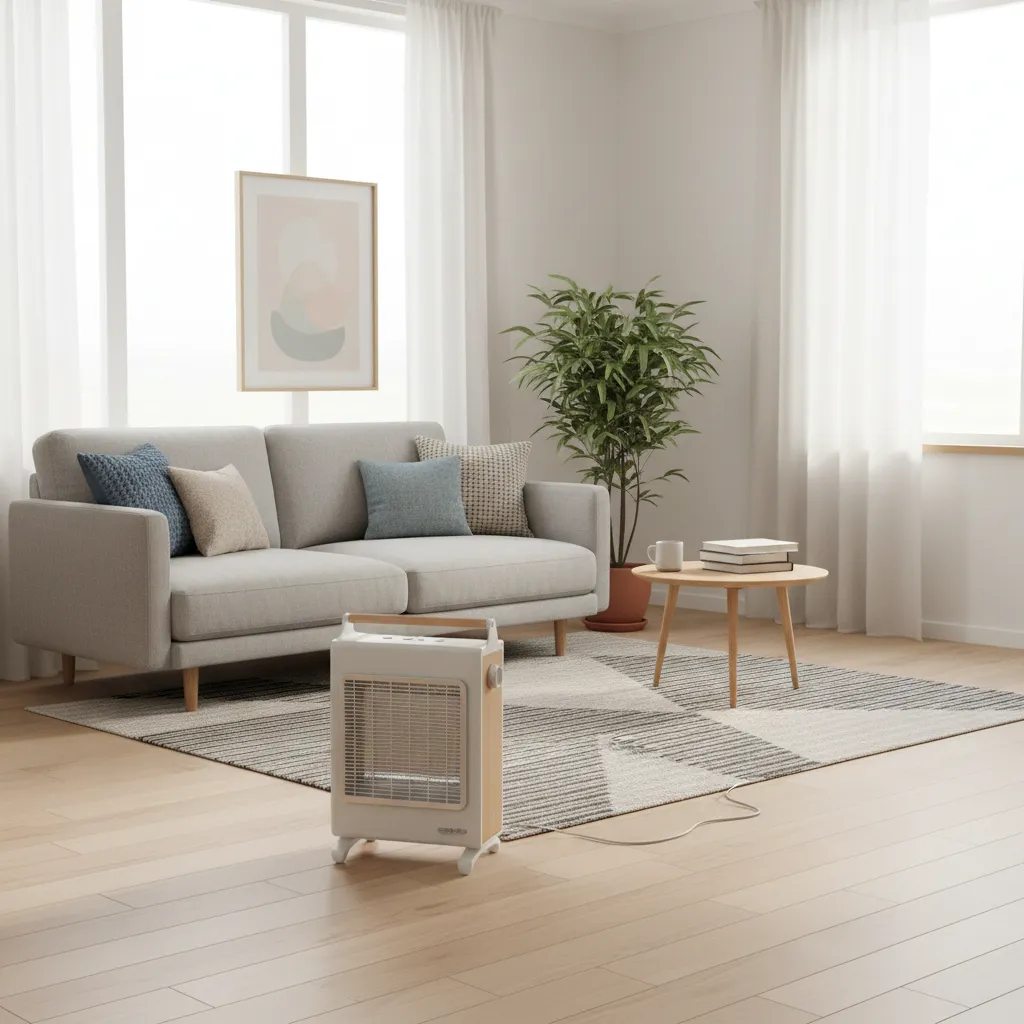 small electric heater placed safely in a compact living room